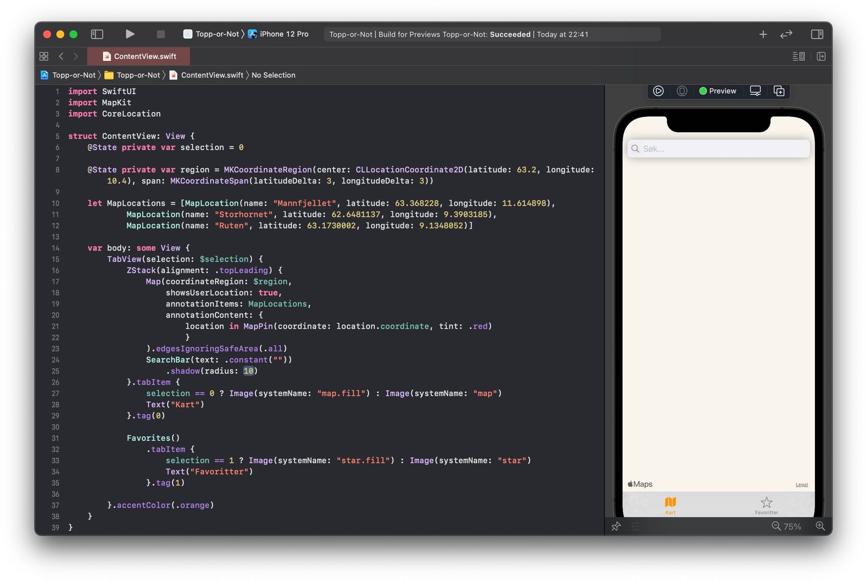 SwiftUI coding example showing the visual designer