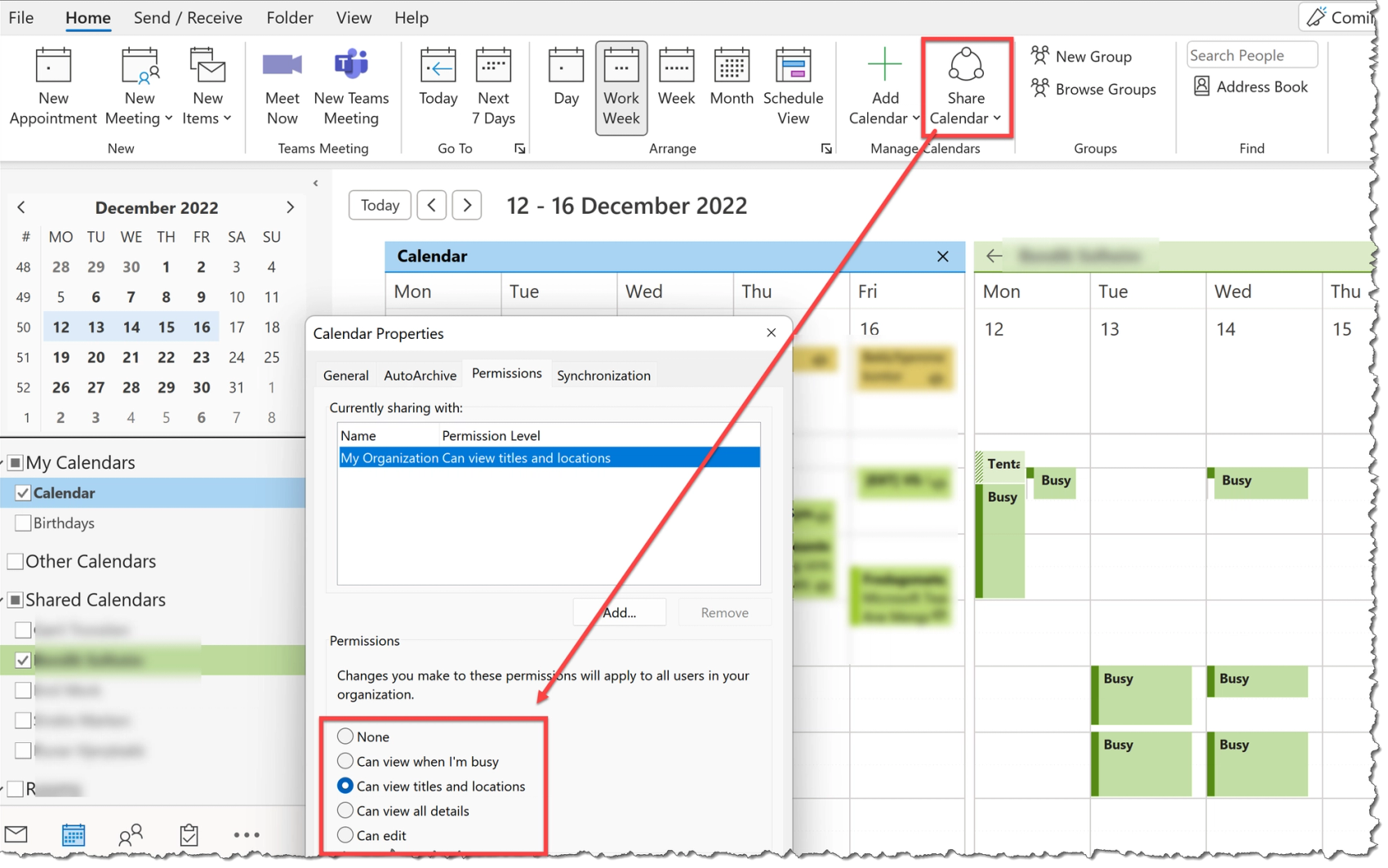 In the calendar view in Outlook, under the home tab, you find the "share calendar" button. A new pop up window appears and under the "permission" tab you can choose between "none", "can view when I'm busy", "can view titles and locations", "can view all details" and "can edit".