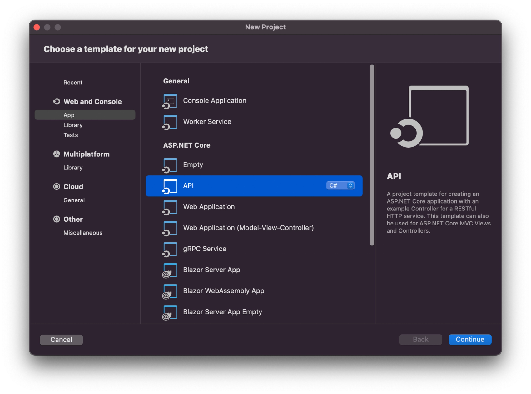 Nytt .NET Core prosjekt i Visual Studio, velg API template