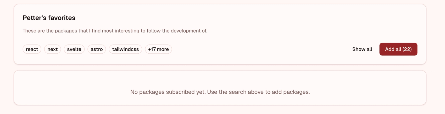 Skjermbilde av updated.email sitt dashboard. Skjermbildet viser delen av dashboardet hvor vi kan se brukerens pakkeabonnement. Listen er tom, men brukeren får et forslag om å legge til "Petters favorites".