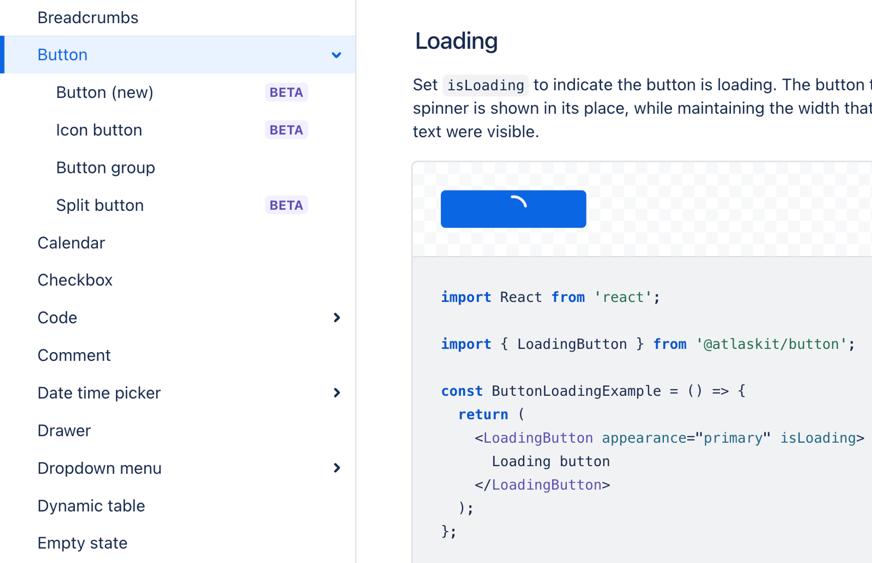 Screenshot from Atlassian design system showing a button