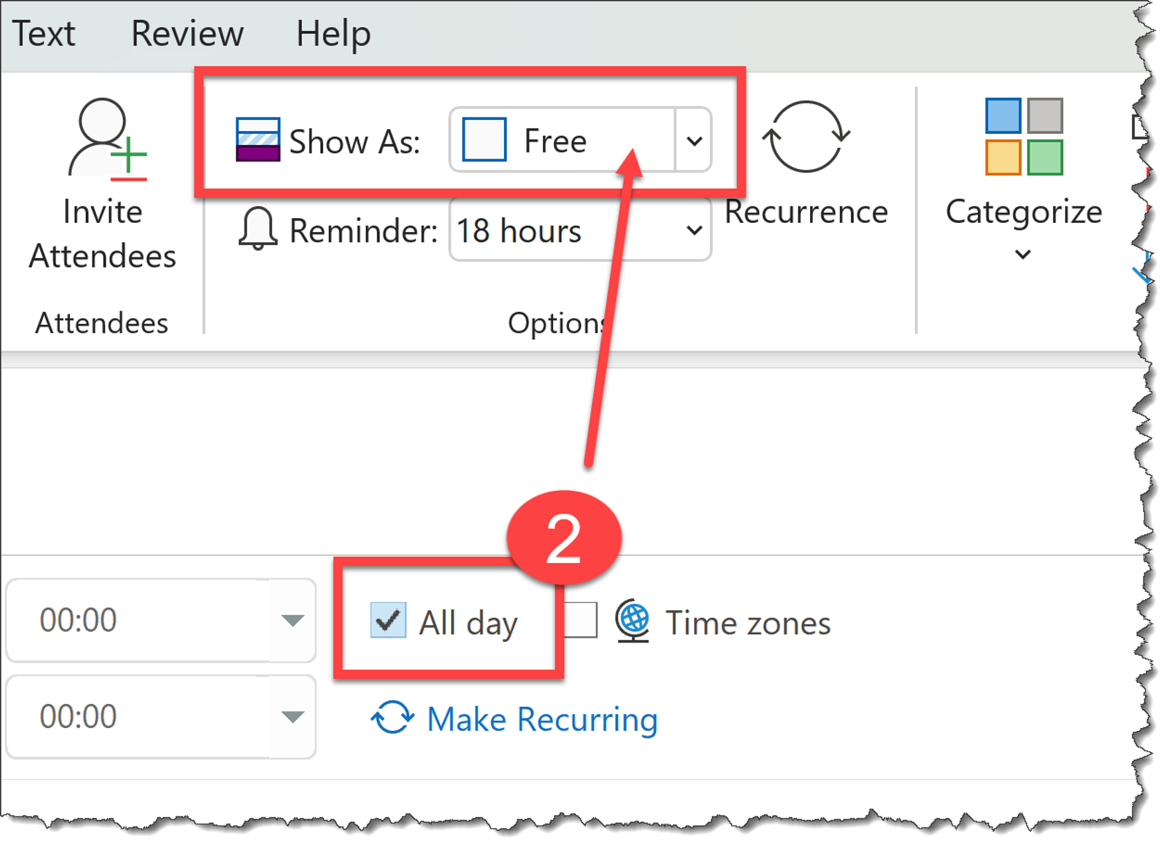 Here the "all day" box is ticked, and the "show as" field is marked as "free".