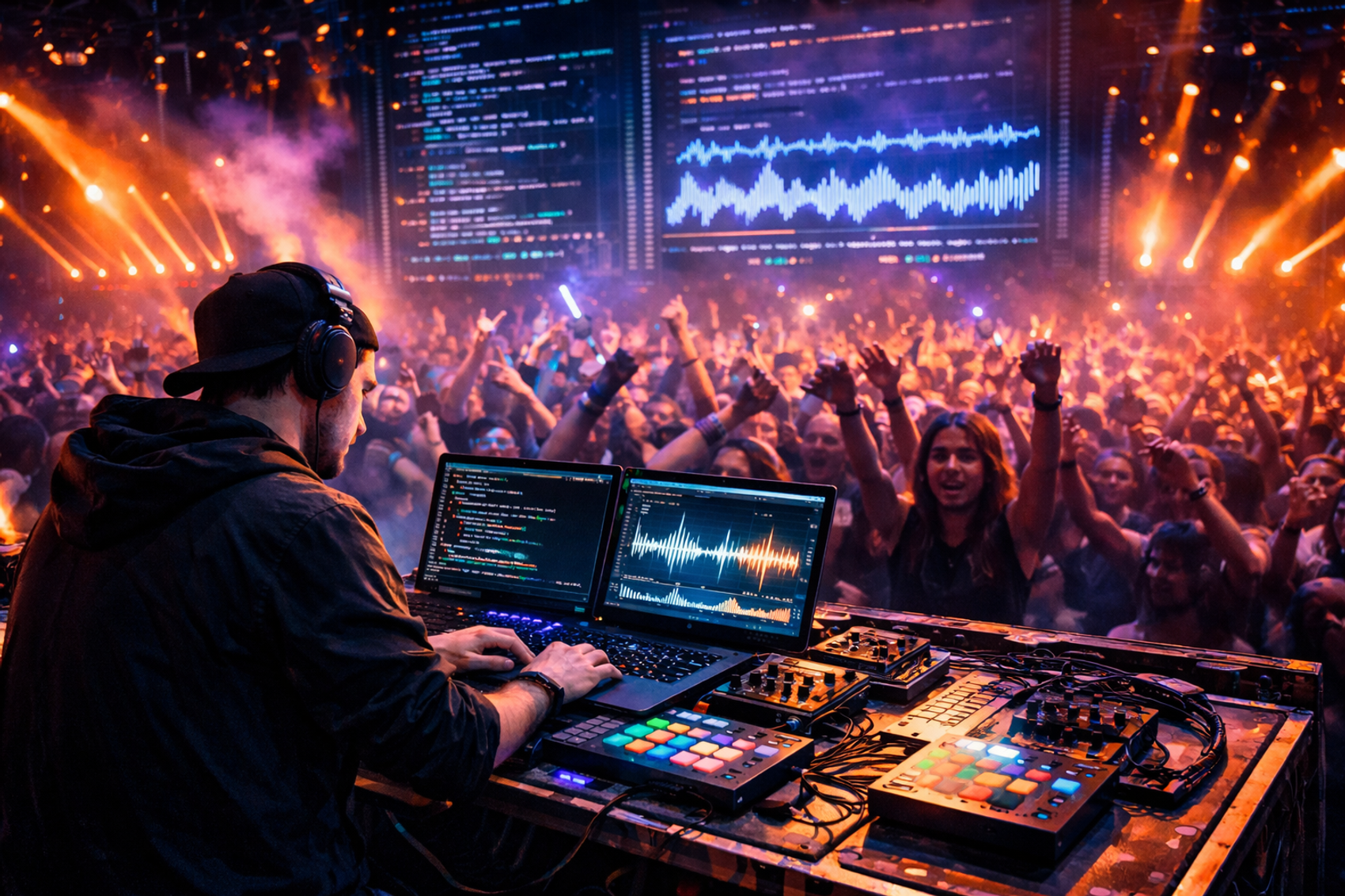 En DJ som bruker kode for å spille musikk i en nattklubb