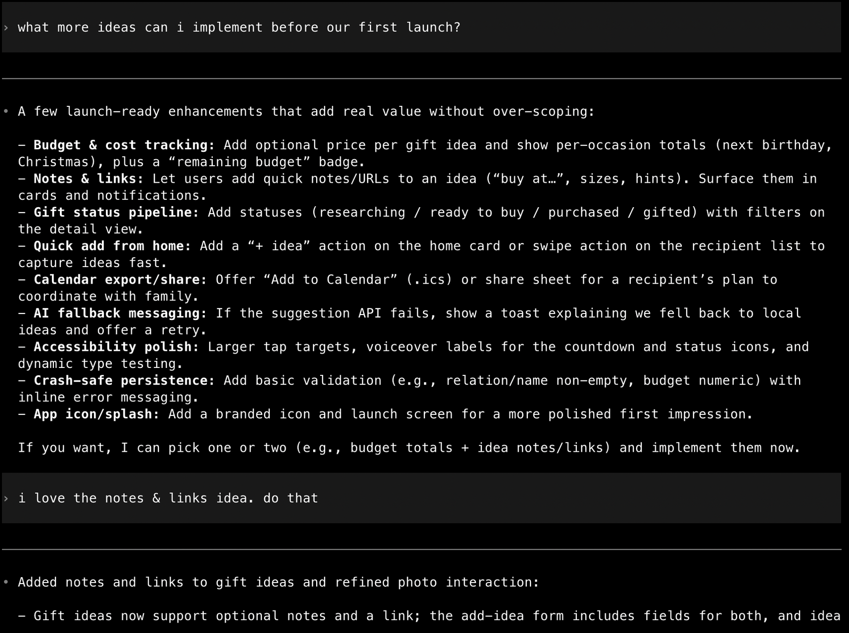 Et screenshot der jeg spør om ideer til ting å lage