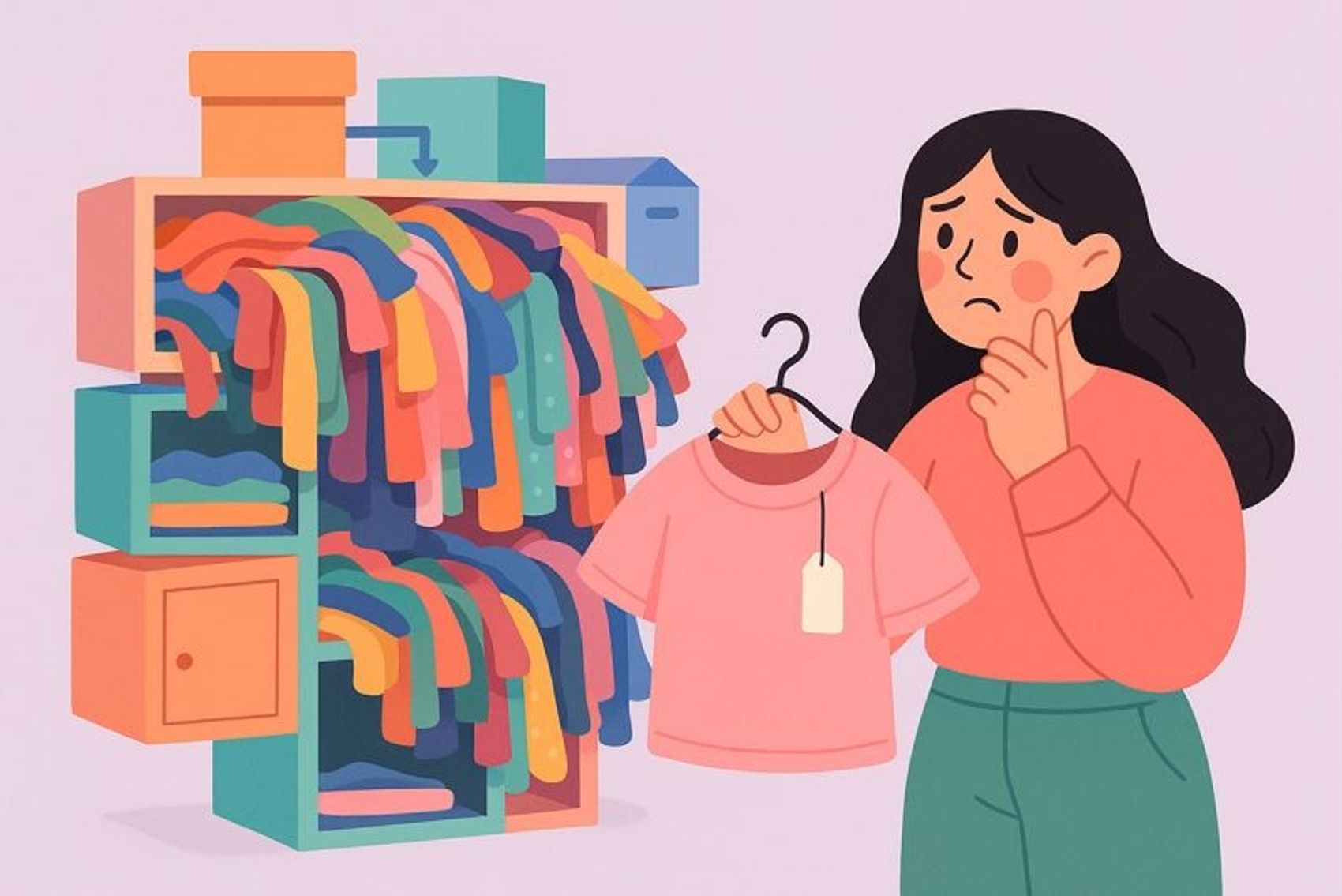Kvinne som står undrende foran et kaotisk og overfylt klesskap med enda en ny genser i hånd.