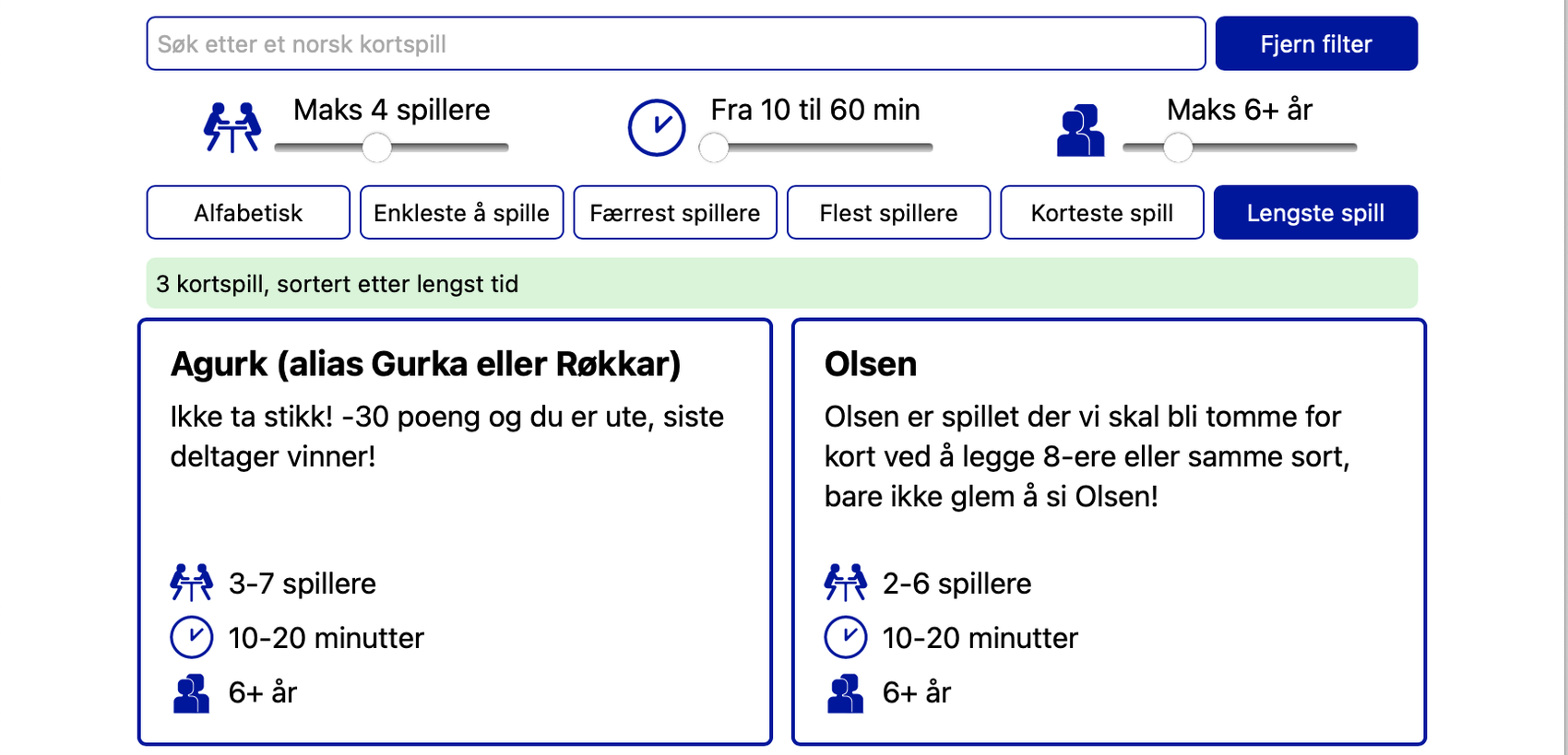 Søk og filtrering på Norske kortspill