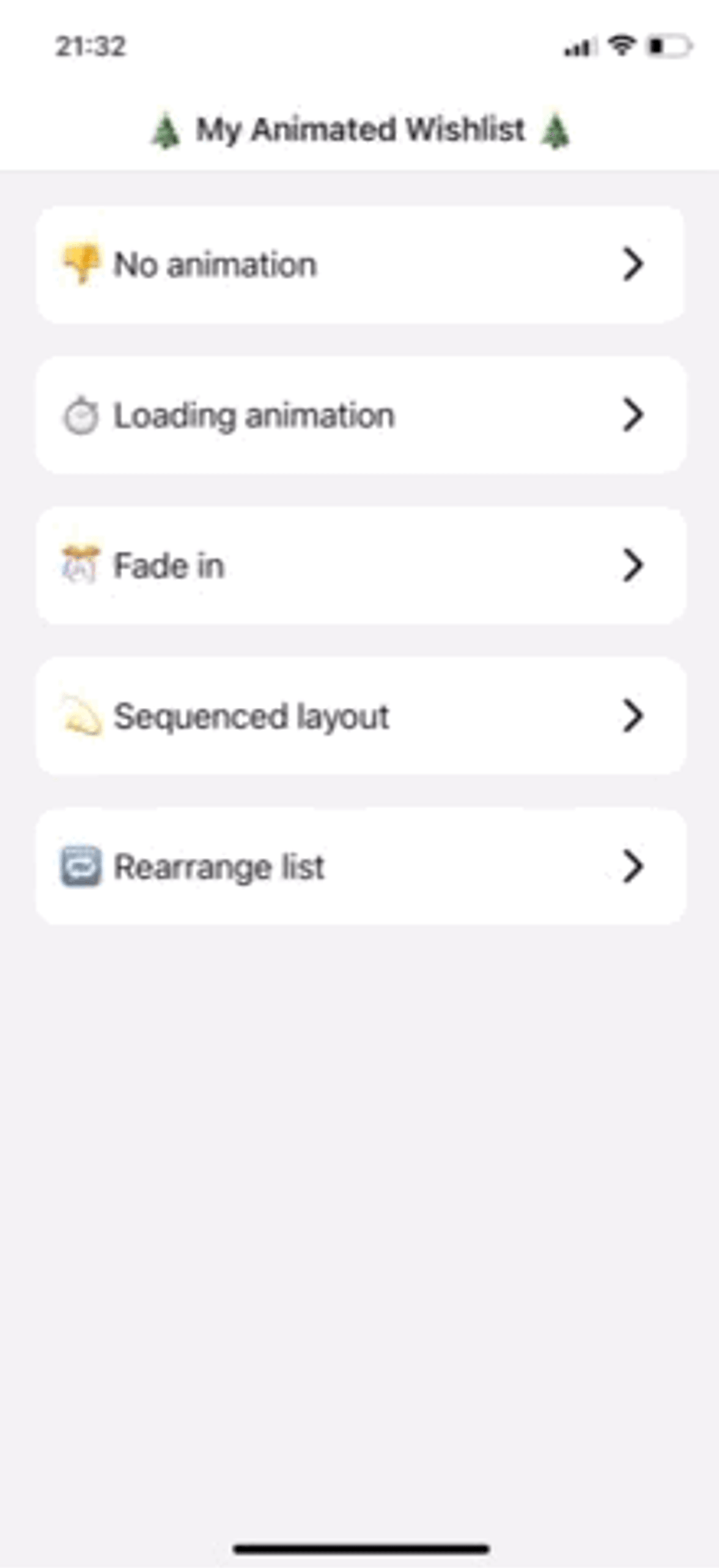 mobile app with a list of items