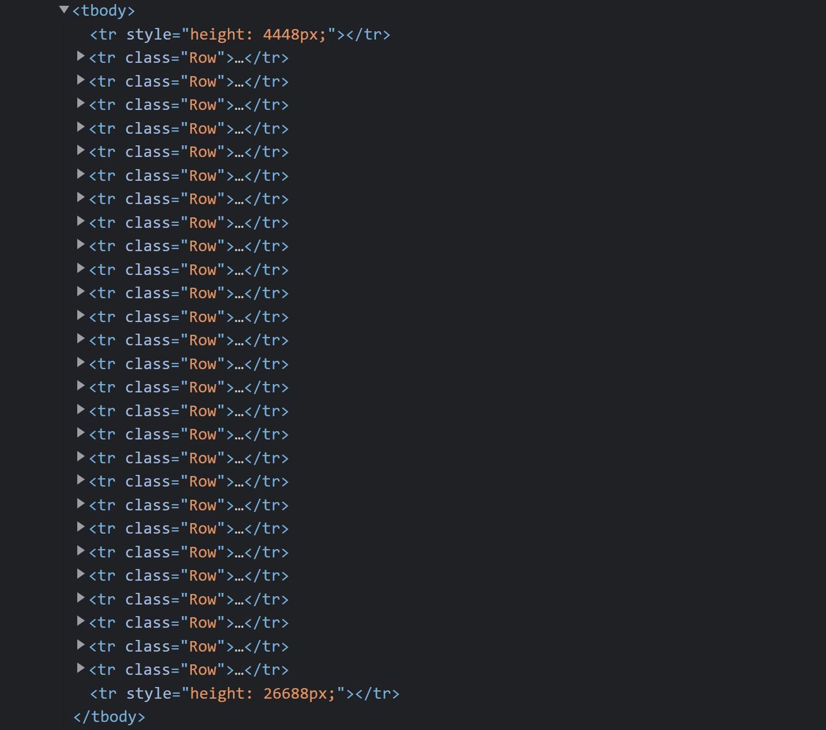 The actual rows rendered in the html. Only a few of the thousand'sof rows are rendered, while the first and last row has a large height​​​​‌﻿‍﻿​‍​‍‌‍﻿﻿‌﻿​‍‌‍‍‌‌‍‌﻿‌‍‍‌‌‍﻿‍​‍​‍​﻿‍‍​‍​‍‌﻿​﻿‌‍​‌‌‍﻿‍‌‍‍‌‌﻿‌​‌﻿‍‌​‍﻿‍‌‍‍‌‌‍﻿﻿​‍​‍​‍﻿​​‍​‍‌‍‍​‌﻿​‍‌‍‌‌‌‍‌‍​‍​‍​﻿‍‍​‍​‍‌‍‍​‌﻿‌​‌﻿‌​‌﻿​​‌﻿​﻿​﻿‍‍​‍﻿﻿​‍﻿﻿‌‍​‍‌‍‌‌‌‍‍﻿‌‍‍﻿​‍﻿‌‌‍​‍‌‍﻿​‌‍﻿﻿‌‍‌﻿‌‍‌﻿​‍﻿‌‌﻿​﻿‌‍​‌‌‍﻿‍‌‍‍‌‌﻿‌​‌﻿‍‌​‍﻿‍‌﻿‌‍‌‍‌‌‌﻿​‍‌‍​﻿‌‍‌‌‌‍﻿​​‍﻿‍‌‍​‌‌﻿​​‌﻿​​​‍﻿﻿‌‍‍‌‌‍﻿‍‌﻿‌​‌‍‌‌‌‍﻿‍‌﻿‌​​‍﻿﻿‌‍‌‌‌‍‌​‌‍‍‌‌﻿‌​​‍﻿﻿‌‍﻿‌‌‍﻿﻿‌‍‌​‌‍‌‌​﻿﻿‌‌﻿​​‌﻿​‍‌‍‌‌‌﻿​﻿‌‍‌‌‌‍﻿‍‌﻿‌​‌‍​‌‌﻿‌​‌‍‍‌‌‍﻿﻿‌‍﻿‍​﻿‍﻿‌‍‍‌‌‍‌​​﻿﻿‌‌‍‌​​﻿‌﻿​﻿‌​​﻿‍‌​﻿‌​​﻿‍‌​﻿‌﻿​﻿‌‌​‍﻿‌​﻿​‌‌‍‌‍​﻿​‍​﻿‍​​‍﻿‌​﻿‌​‌‍​‌​﻿‌‍​﻿‌‍​‍﻿‌​﻿‍‌​﻿​​‌‍​﻿​﻿‍​​‍﻿‌​﻿‍‌‌‍​‌‌‍​‌​﻿‌‌​﻿​​​﻿‍​​﻿​‍​﻿​‍‌‍​‌​﻿​​​﻿‌‌‌‍‌​​﻿‍﻿‌﻿‌​‌﻿‍‌‌﻿​​‌‍‌‌​﻿﻿‌‌﻿​​‌‍﻿﻿‌﻿​﻿‌﻿‌​​﻿‍﻿‌﻿​​‌‍​‌‌﻿‌​‌‍‍​​﻿﻿‌‌‍​﻿‌‍﻿﻿‌‍﻿‍‌﻿‌​‌‍‌‌‌‍﻿‍‌﻿‌​​‍‌‌​﻿‌‌‌​​‍‌‌﻿﻿‌‍‍﻿‌‍‌‌‌﻿‍‌​‍‌‌​﻿​﻿‌​‌​​‍‌‌​﻿​﻿‌​‌​​‍‌‌​﻿​‍​﻿​‍‌‍‌‌‌‍​‍​﻿‍‌​﻿‌﻿​﻿​​‌‍​﻿‌‍​﻿​﻿​﻿​﻿‌﻿​﻿​​​﻿​‍​﻿​‍​‍‌‌​﻿​‍​﻿​‍​‍‌‌​﻿‌‌‌​‌​​‍﻿‍‌‍​‌‌‍﻿​‌﻿‌​​﻿﻿﻿‌‍​‍‌‍​‌‌﻿​﻿‌‍‌‌‌‌‌‌‌﻿​‍‌‍﻿​​﻿﻿‌‌‍‍​‌﻿‌​‌﻿‌​‌﻿​​‌﻿​﻿​‍‌‌​﻿​﻿‌​​‌​‍‌‌​﻿​‍‌​‌‍​‍‌‌​﻿​‍‌​‌‍‌‍​‍‌‍‌‌‌‍‍﻿‌‍‍﻿​‍﻿‌‌‍​‍‌‍﻿​‌‍﻿﻿‌‍‌﻿‌‍‌﻿​‍﻿‌‌﻿​﻿‌‍​‌‌‍﻿‍‌‍‍‌‌﻿‌​‌﻿‍‌​‍﻿‍‌﻿‌‍‌‍‌‌‌﻿​‍‌‍​﻿‌‍‌‌‌‍﻿​​‍﻿‍‌‍​‌‌﻿​​‌﻿​​​‍‌‍‌‍‍‌‌‍‌​​﻿﻿‌‌‍‌​​﻿‌﻿​﻿‌​​﻿‍‌​﻿‌​​﻿‍‌​﻿‌﻿​﻿‌‌​‍﻿‌​﻿​‌‌‍‌‍​﻿​‍​﻿‍​​‍﻿‌​﻿‌​‌‍​‌​﻿‌‍​﻿‌‍​‍﻿‌​﻿‍‌​﻿​​‌‍​﻿​﻿‍​​‍﻿‌​﻿‍‌‌‍​‌‌‍​‌​﻿‌‌​﻿​​​﻿‍​​﻿​‍​﻿​‍‌‍​‌​﻿​​​﻿‌‌‌‍‌​​‍‌‍‌﻿‌​‌﻿‍‌‌﻿​​‌‍‌‌​﻿﻿‌‌﻿​​‌‍﻿﻿‌﻿​﻿‌﻿‌​​‍‌‍‌﻿​​‌‍​‌‌﻿‌​‌‍‍​​﻿﻿‌‌‍​﻿‌‍﻿﻿‌‍﻿‍‌﻿‌​‌‍‌‌‌‍﻿‍‌﻿‌​​‍‌‌​﻿‌‌‌​​‍‌‌﻿﻿‌‍‍﻿‌‍‌‌‌﻿‍‌​‍‌‌​﻿​﻿‌​‌​​‍‌‌​﻿​﻿‌​‌​​‍‌‌​﻿​‍​﻿​‍‌‍‌‌‌‍​‍​﻿‍‌​﻿‌﻿​﻿​​‌‍​﻿‌‍​﻿​﻿​﻿​﻿‌﻿​﻿​​​﻿​‍​﻿​‍​‍‌‌​﻿​‍​﻿​‍​‍‌‌​﻿‌‌‌​‌​​‍﻿‍‌‍​‌‌‍﻿​‌﻿‌​​‍​‍‌﻿﻿‌