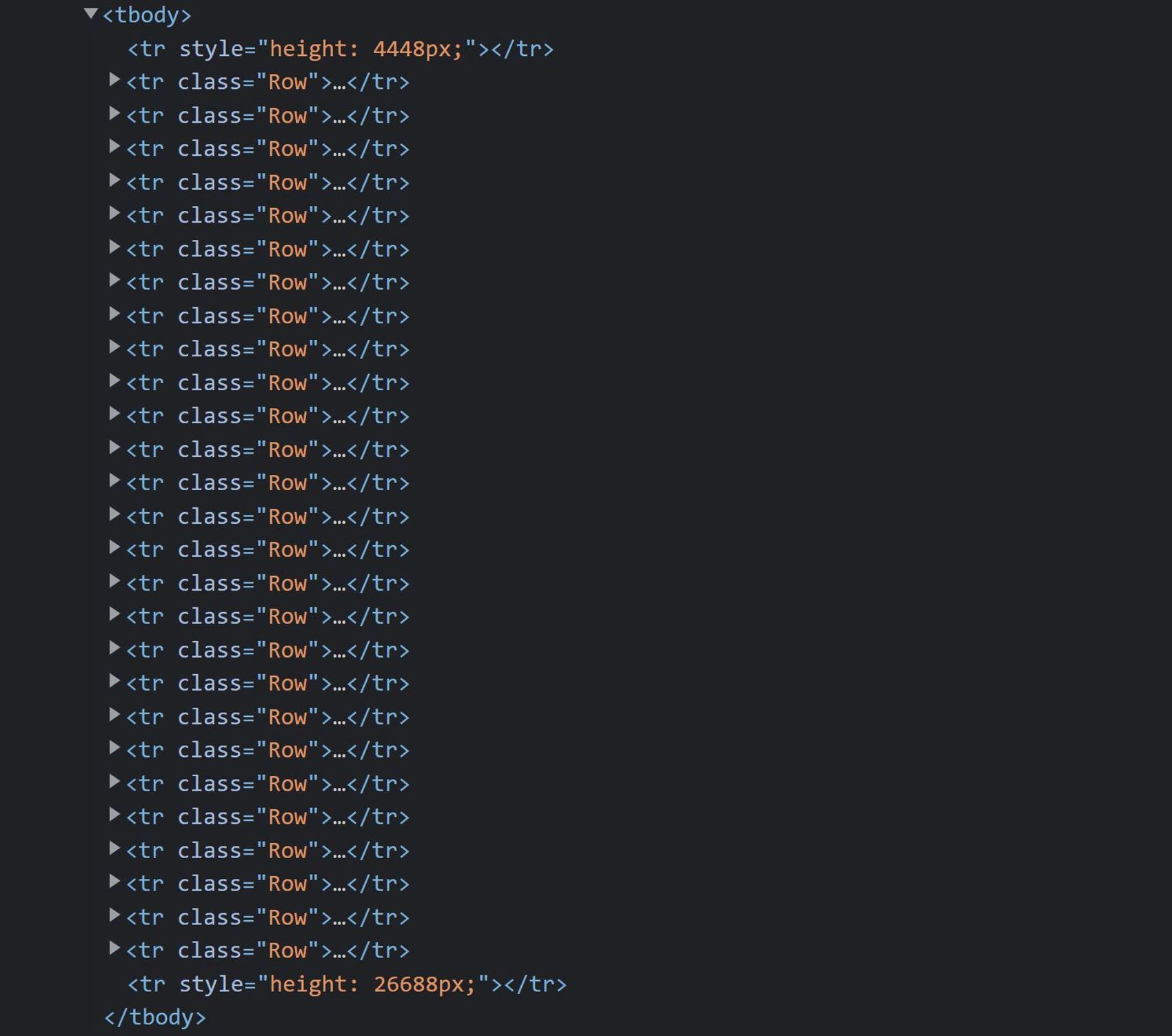 The actual rows rendered in the html. Only a few of the thousand'sof rows are rendered, while the first and last row has a large height