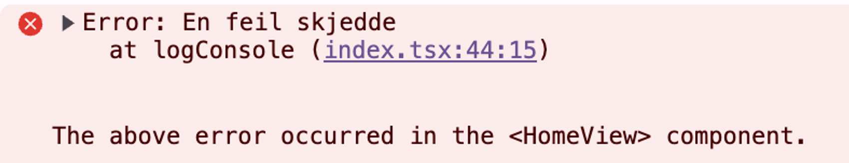 Feilmeldingen i console-en sier det skjedde noe ved logConsole, som er funksjonen vi ga navn.