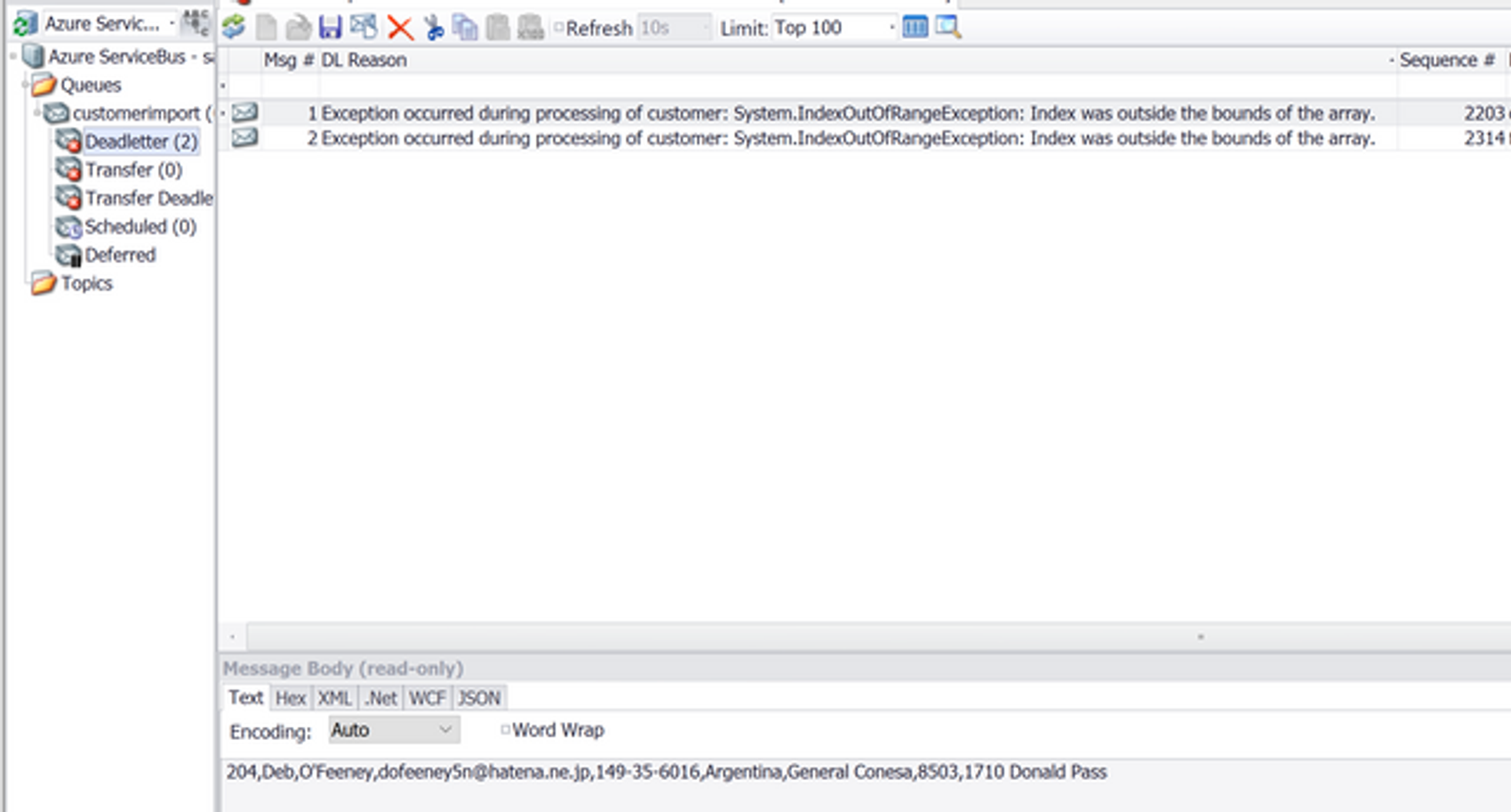 ServiceBus queues displayed in Queue Explorer. Two messages have been dead-lettered