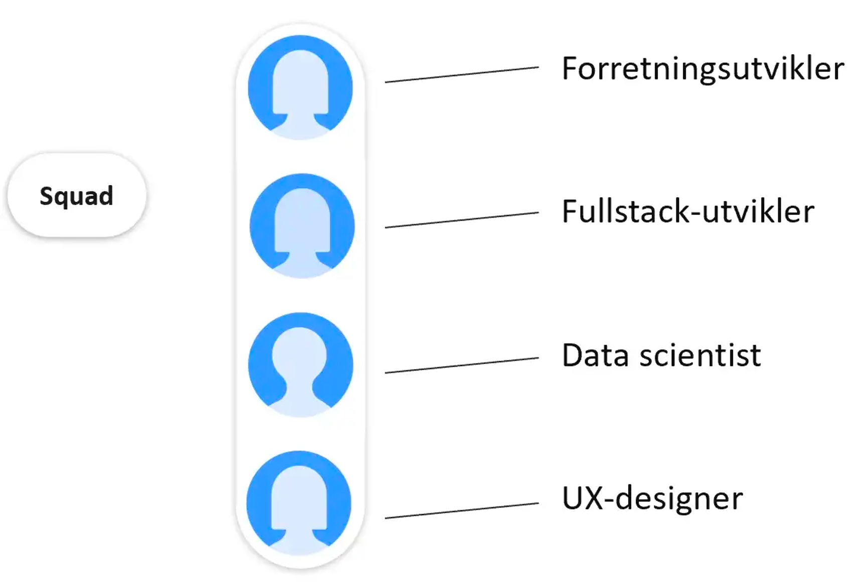 Et squad, bestående av en forretningsutvikler, en fullstackutvikler, en data scientist og en ux-designer