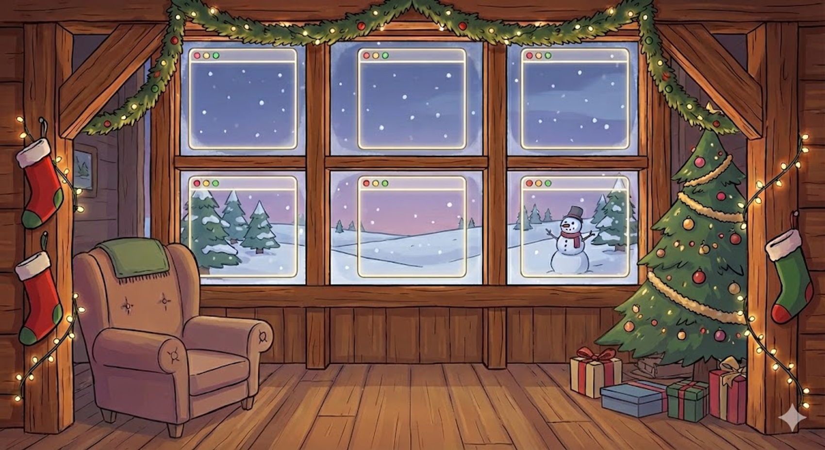 Vindu med julesteming som har macOS-vinduer inni seg.