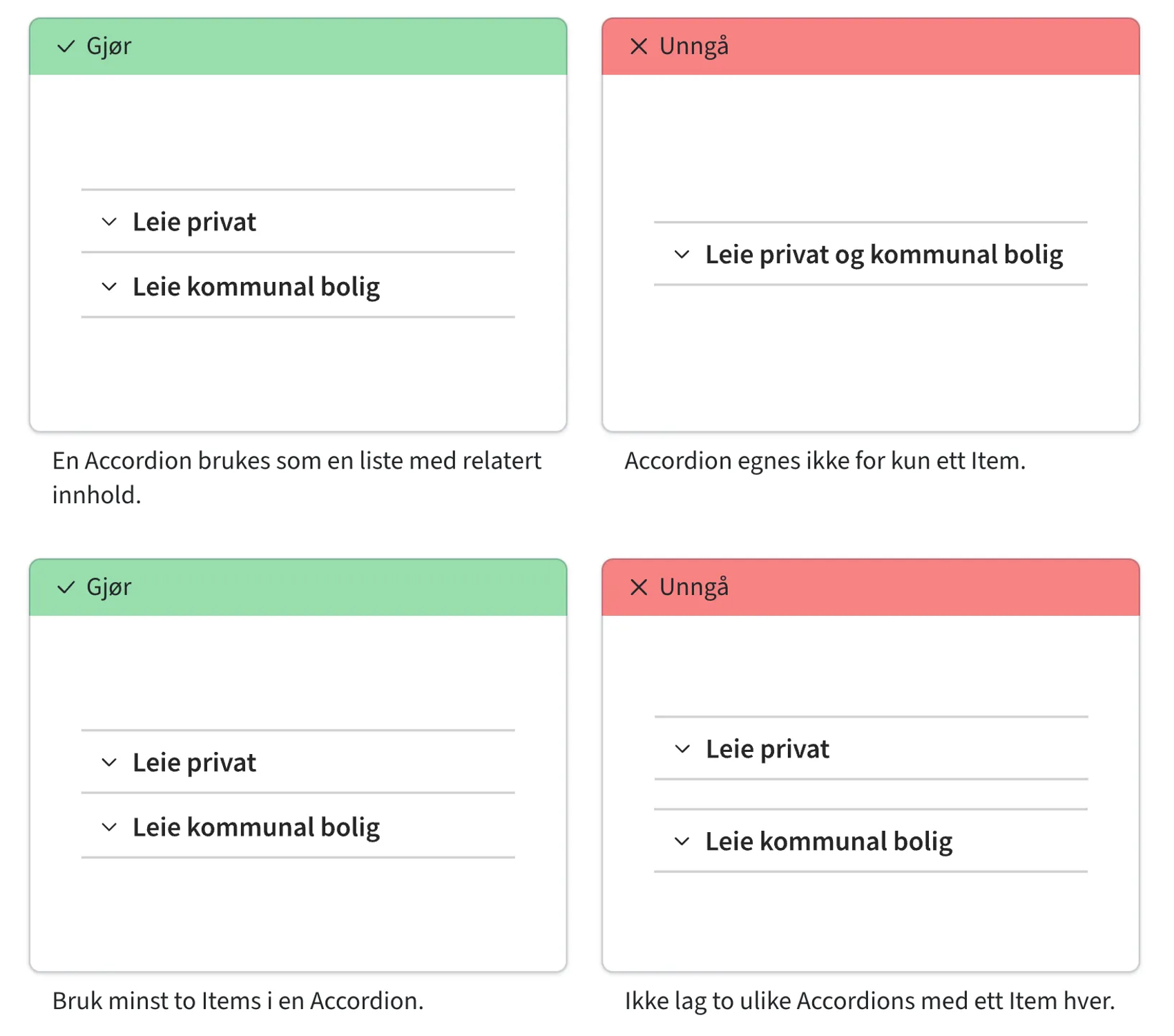 Skjermdump: Eksempel på "gjør" og "unngå" i forbindelse med bruk av accordions