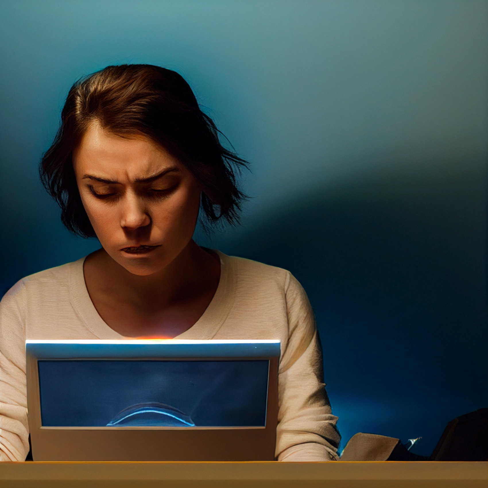 A woman sitting in front of her computer, looking a bit bored.