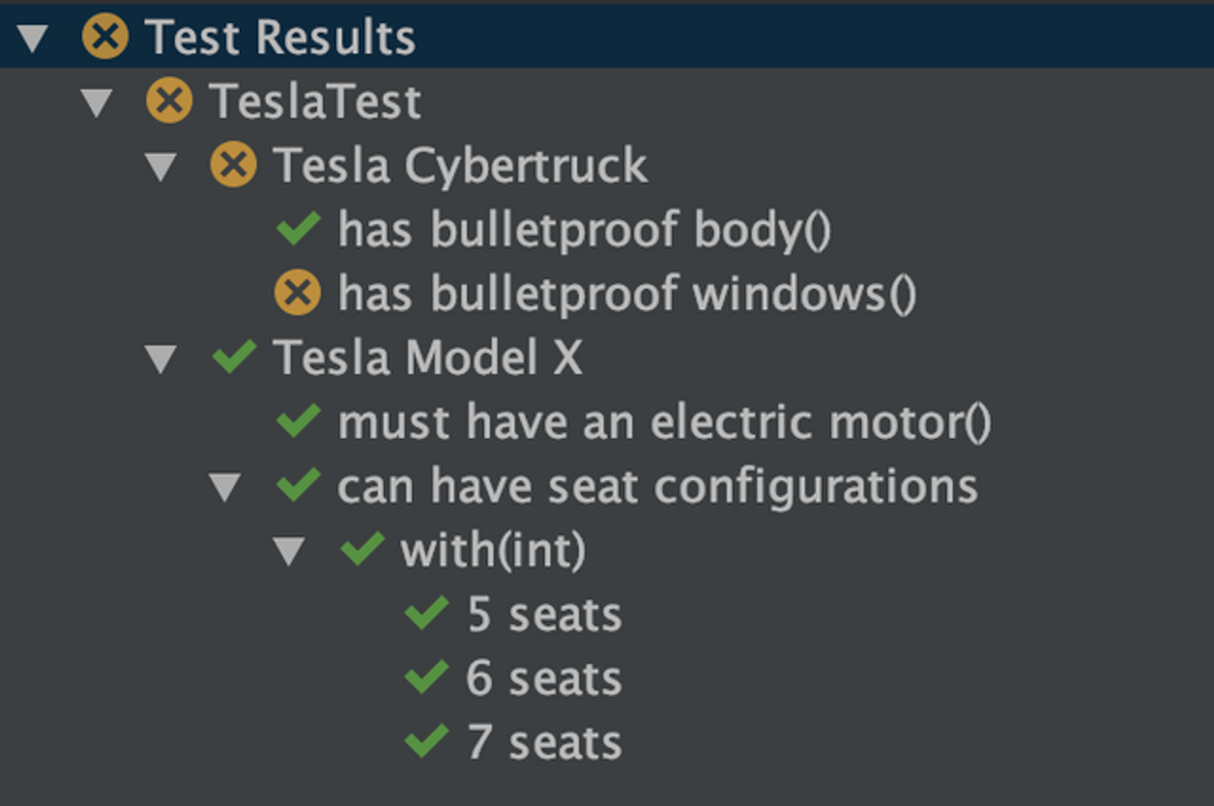 Eksempel på hvordan tester vises i IntelliJ