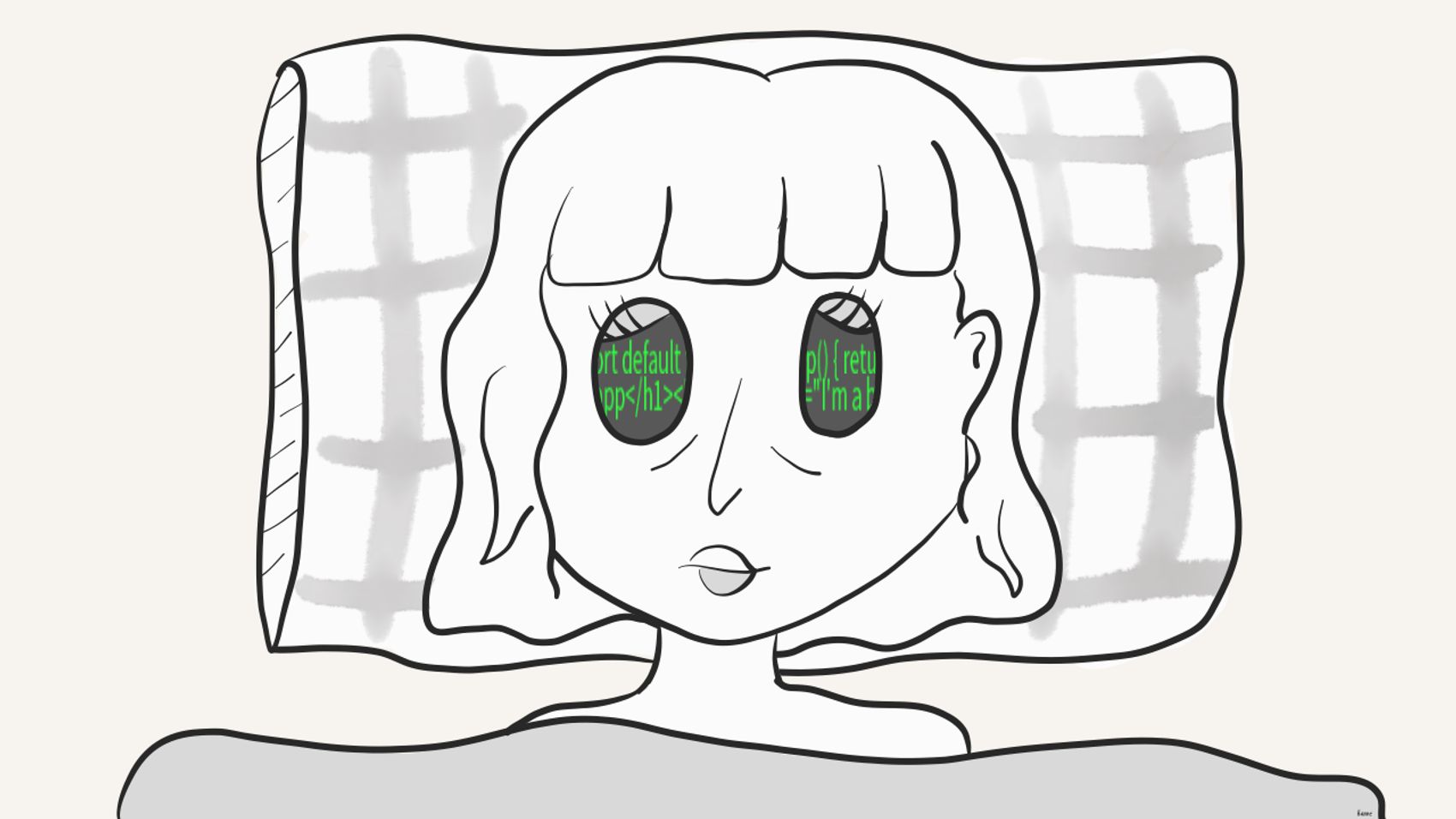 Kvinne i seng med øyne fylt av kode