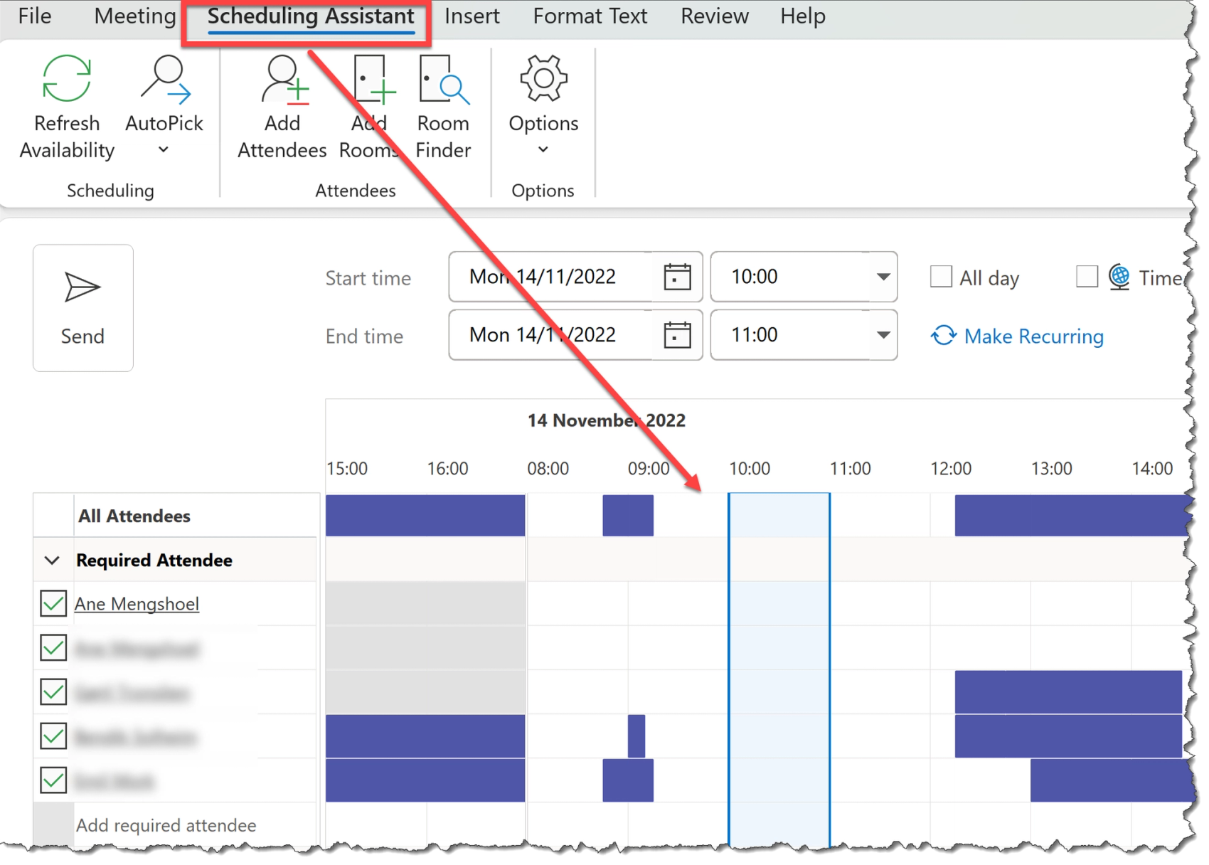 In the scheduling tab in outlook, you easily see when different people are available at the same time.