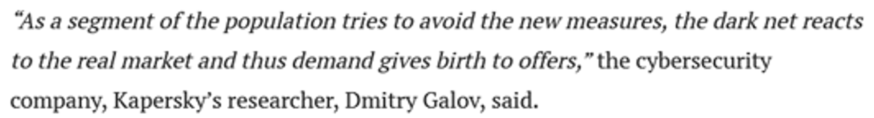“As a segment of the population tries to avoid the new measures, the dark net reacts to the real market and thus demand gives birth to offers,” the cybersecurity company, Kapersky’s researcher, Dmitry Galov, said.​​​​‌﻿‍﻿​‍​‍‌‍﻿﻿‌﻿​‍‌‍‍‌‌‍‌﻿‌‍‍‌‌‍﻿‍​‍​‍​﻿‍‍​‍​‍‌﻿​﻿‌‍​‌‌‍﻿‍‌‍‍‌‌﻿‌​‌﻿‍‌​‍﻿‍‌‍‍‌‌‍﻿﻿​‍​‍​‍﻿​​‍​‍‌‍‍​‌﻿​‍‌‍‌‌‌‍‌‍​‍​‍​﻿‍‍​‍​‍‌‍‍​‌﻿‌​‌﻿‌​‌﻿​​‌﻿​﻿​﻿‍‍​‍﻿﻿​‍﻿﻿‌‍​‍‌‍‌‌‌‍‍﻿‌‍‍﻿​‍﻿‌‌‍​‍‌‍﻿​‌‍﻿﻿‌‍‌﻿‌‍‌﻿​‍﻿‌‌﻿​﻿‌‍​‌‌‍﻿‍‌‍‍‌‌﻿‌​‌﻿‍‌​‍﻿‍‌﻿‌‍‌‍‌‌‌﻿​‍‌‍​﻿‌‍‌‌‌‍﻿​​‍﻿‍‌‍​‌‌﻿​​‌﻿​​​‍﻿﻿‌‍‍‌‌‍﻿‍‌﻿‌​‌‍‌‌‌‍﻿‍‌﻿‌​​‍﻿﻿‌‍‌‌‌‍‌​‌‍‍‌‌﻿‌​​‍﻿﻿‌‍﻿‌‌‍﻿﻿‌‍‌​‌‍‌‌​﻿﻿‌‌﻿​​‌﻿​‍‌‍‌‌‌﻿​﻿‌‍‌‌‌‍﻿‍‌﻿‌​‌‍​‌‌﻿‌​‌‍‍‌‌‍﻿﻿‌‍﻿‍​﻿‍﻿‌‍‍‌‌‍‌​​﻿﻿‌​﻿‍​‌‍​﻿​﻿‌​‌‍​‌‌‍‌‍‌‍‌‍‌‍​‌‌‍​﻿​‍﻿‌​﻿‍​‌‍‌​​﻿‍‌​﻿​​​‍﻿‌​﻿‌​​﻿​​​﻿​﻿​﻿‌‌​‍﻿‌‌‍​‍​﻿‌﻿​﻿​‍‌‍​‌​‍﻿‌​﻿‍‌​﻿​‌​﻿‍‌‌‍​‌‌‍‌‌​﻿‌‍​﻿‍​‌‍‌‍‌‍​﻿​﻿‌​‌‍​﻿​﻿‍​​﻿‍﻿‌﻿‌​‌﻿‍‌‌﻿​​‌‍‌‌​﻿﻿‌‌﻿​​‌‍﻿﻿‌﻿​﻿‌﻿‌​​﻿‍﻿‌﻿​​‌‍​‌‌﻿‌​‌‍‍​​﻿﻿‌‌‍​﻿‌‍﻿﻿‌‍﻿‍‌﻿‌​‌‍‌‌‌‍﻿‍‌﻿‌​​‍‌‌​﻿‌‌‌​​‍‌‌﻿﻿‌‍‍﻿‌‍‌‌‌﻿‍‌​‍‌‌​﻿​﻿‌​‌​​‍‌‌​﻿​﻿‌​‌​​‍‌‌​﻿​‍​﻿​‍​﻿‍‌​﻿‌‌​﻿‌﻿​﻿‌​​﻿‍‌​﻿​​​﻿‌‍​﻿​﻿​﻿​‌​﻿‌‌‌‍​‌​﻿‌‌​‍‌‌​﻿​‍​﻿​‍​‍‌‌​﻿‌‌‌​‌​​‍﻿‍‌‍​‌‌‍﻿​‌﻿‌​​﻿﻿﻿‌‍​‍‌‍​‌‌﻿​﻿‌‍‌‌‌‌‌‌‌﻿​‍‌‍﻿​​﻿﻿‌‌‍‍​‌﻿‌​‌﻿‌​‌﻿​​‌﻿​﻿​‍‌‌​﻿​﻿‌​​‌​‍‌‌​﻿​‍‌​‌‍​‍‌‌​﻿​‍‌​‌‍‌‍​‍‌‍‌‌‌‍‍﻿‌‍‍﻿​‍﻿‌‌‍​‍‌‍﻿​‌‍﻿﻿‌‍‌﻿‌‍‌﻿​‍﻿‌‌﻿​﻿‌‍​‌‌‍﻿‍‌‍‍‌‌﻿‌​‌﻿‍‌​‍﻿‍‌﻿‌‍‌‍‌‌‌﻿​‍‌‍​﻿‌‍‌‌‌‍﻿​​‍﻿‍‌‍​‌‌﻿​​‌﻿​​​‍‌‍‌‍‍‌‌‍‌​​﻿﻿‌​﻿‍​‌‍​﻿​﻿‌​‌‍​‌‌‍‌‍‌‍‌‍‌‍​‌‌‍​﻿​‍﻿‌​﻿‍​‌‍‌​​﻿‍‌​﻿​​​‍﻿‌​﻿‌​​﻿​​​﻿​﻿​﻿‌‌​‍﻿‌‌‍​‍​﻿‌﻿​﻿​‍‌‍​‌​‍﻿‌​﻿‍‌​﻿​‌​﻿‍‌‌‍​‌‌‍‌‌​﻿‌‍​﻿‍​‌‍‌‍‌‍​﻿​﻿‌​‌‍​﻿​﻿‍​​‍‌‍‌﻿‌​‌﻿‍‌‌﻿​​‌‍‌‌​﻿﻿‌‌﻿​​‌‍﻿﻿‌﻿​﻿‌﻿‌​​‍‌‍‌﻿​​‌‍​‌‌﻿‌​‌‍‍​​﻿﻿‌‌‍​﻿‌‍﻿﻿‌‍﻿‍‌﻿‌​‌‍‌‌‌‍﻿‍‌﻿‌​​‍‌‌​﻿‌‌‌​​‍‌‌﻿﻿‌‍‍﻿‌‍‌‌‌﻿‍‌​‍‌‌​﻿​﻿‌​‌​​‍‌‌​﻿​﻿‌​‌​​‍‌‌​﻿​‍​﻿​‍​﻿‍‌​﻿‌‌​﻿‌﻿​﻿‌​​﻿‍‌​﻿​​​﻿‌‍​﻿​﻿​﻿​‌​﻿‌‌‌‍​‌​﻿‌‌​‍‌‌​﻿​‍​﻿​‍​‍‌‌​﻿‌‌‌​‌​​‍﻿‍‌‍​‌‌‍﻿​‌﻿‌​​‍​‍‌﻿﻿‌