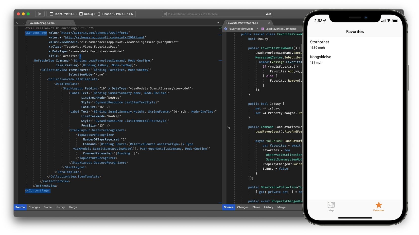 Xamarin Forms code example showing View Model and View