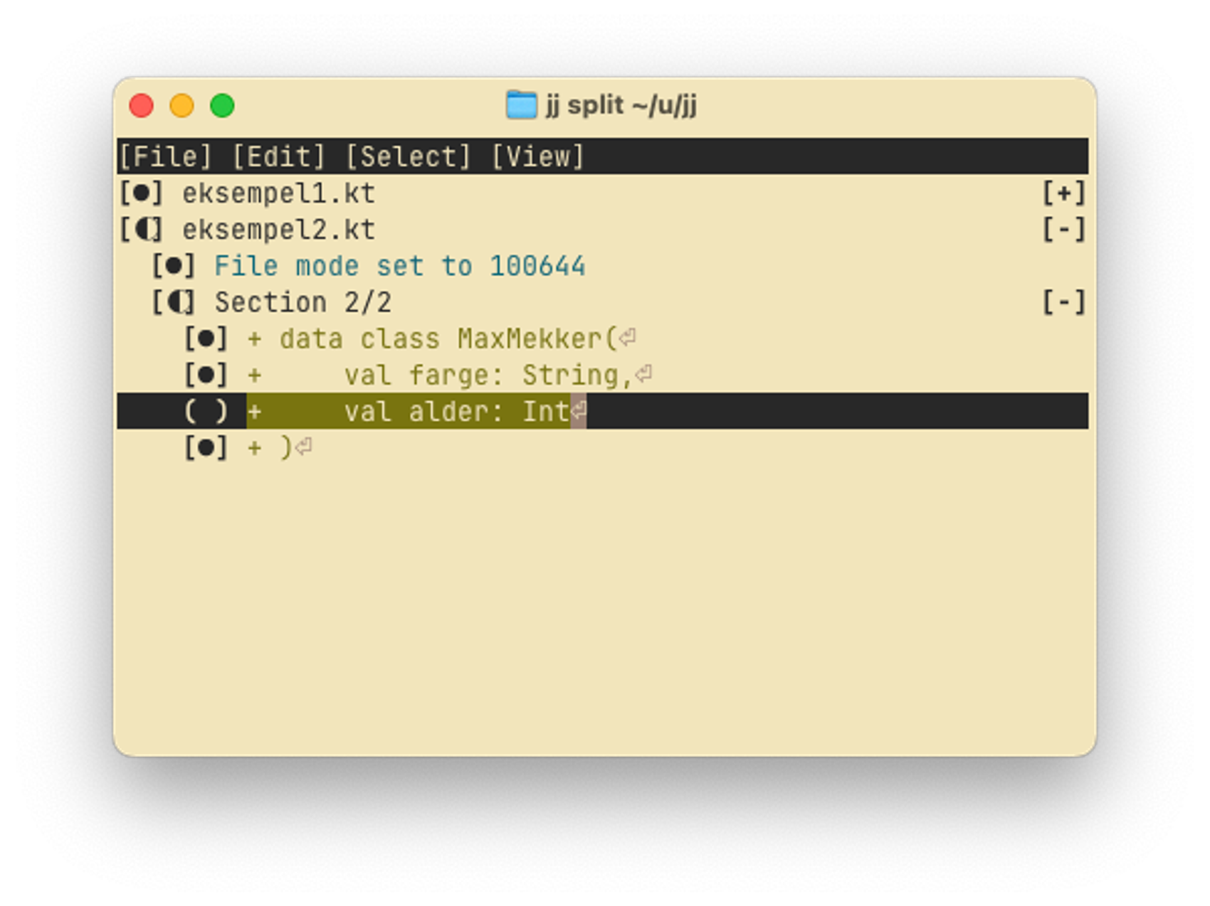 Output fra jj split i terminalen, hvor alle linjer bortsett fra 1 er valgt