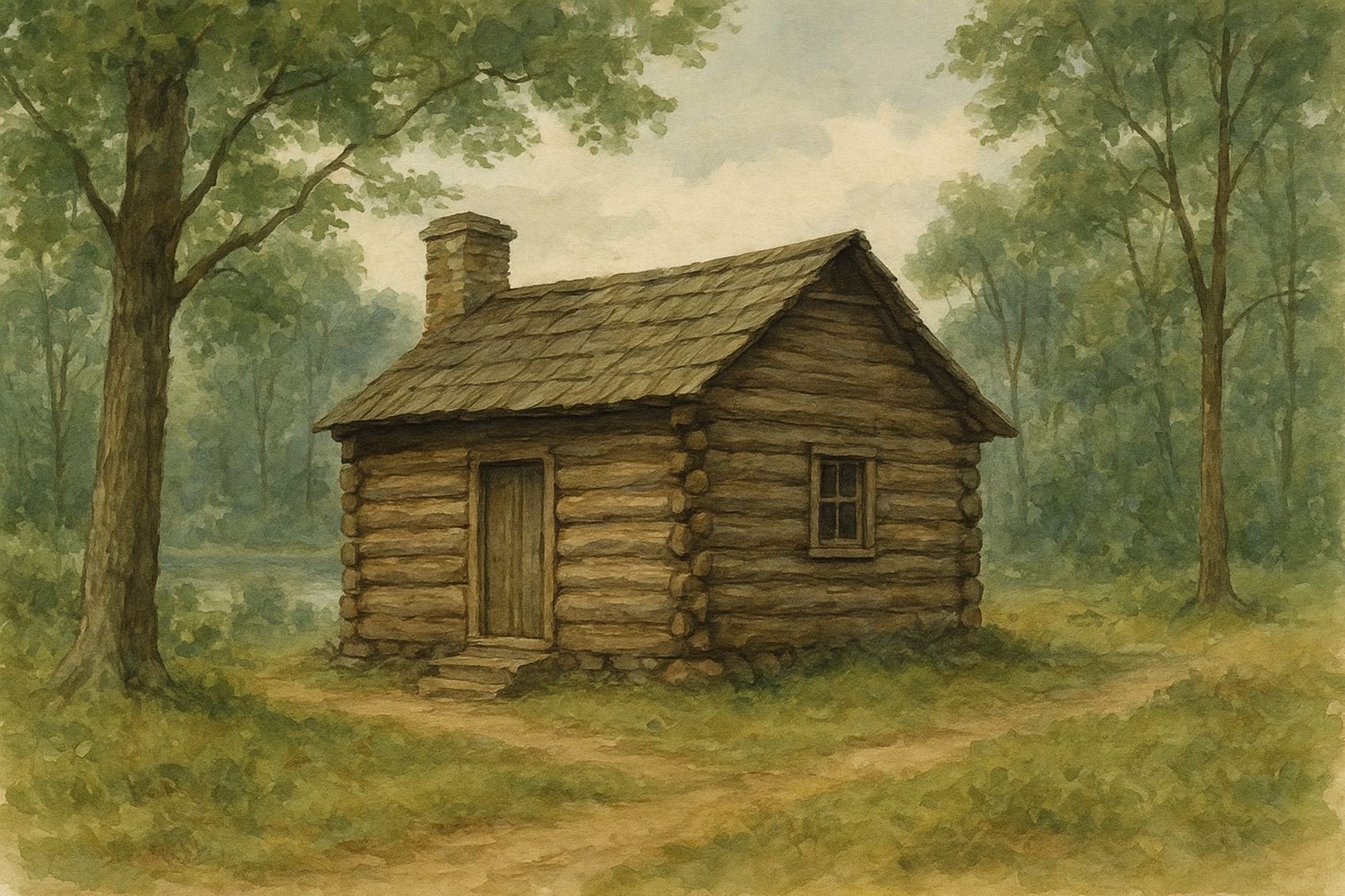 En hytte ved en innsjø i en skog