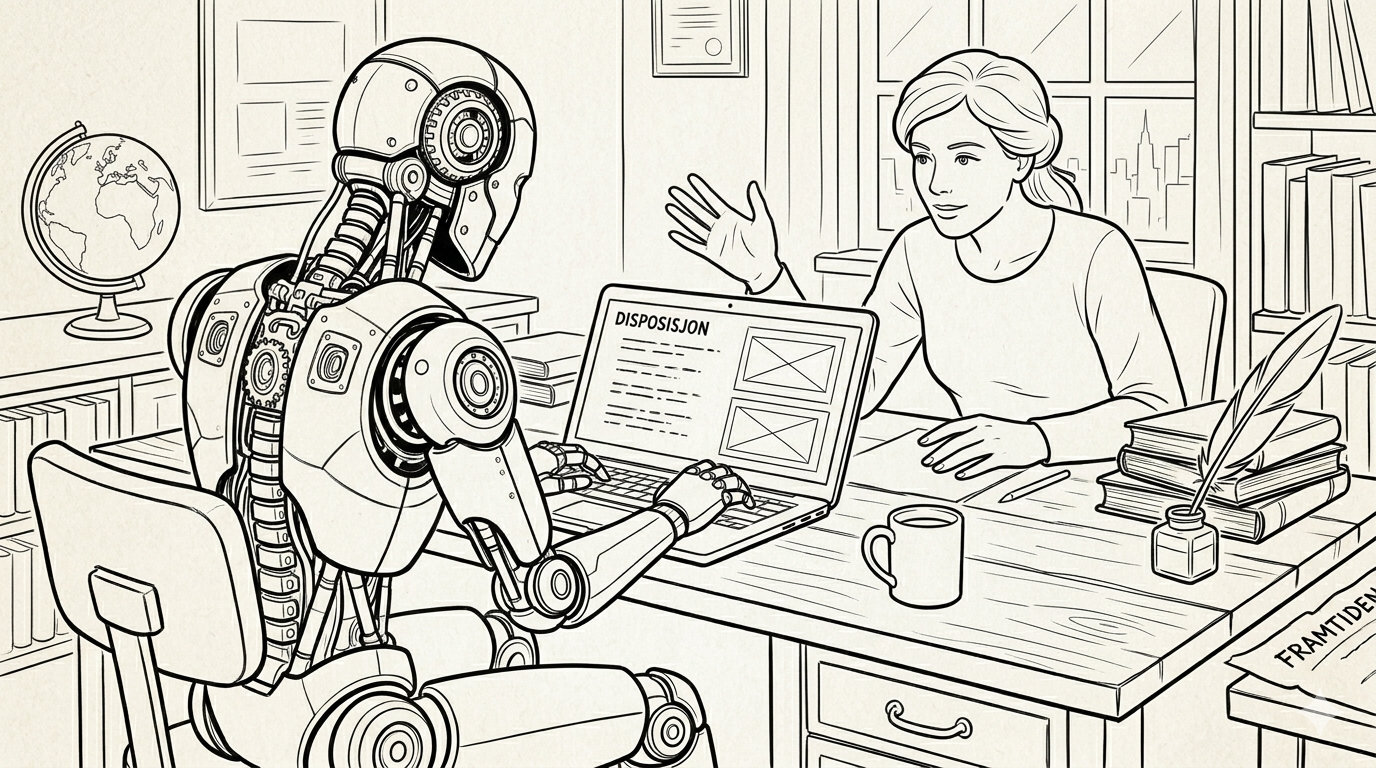 En strektegning av en kvinne og en robot som sitter sammen på et kontor. Roboten skriver på en laptop. 