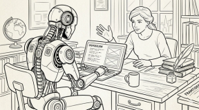 En robot og en kvinne sitter sammen på et kontor. Roboten skriver på en laptop.