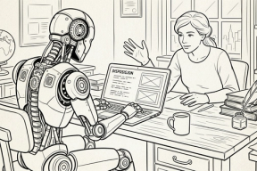 En strektegning av en kvinne og en robot som sitter sammen på et kontor. Roboten skriver på en laptop.