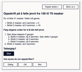 Skjermbilde. Viser steg for steg hvordan man feller jevnt fra 100 til 79 masker.