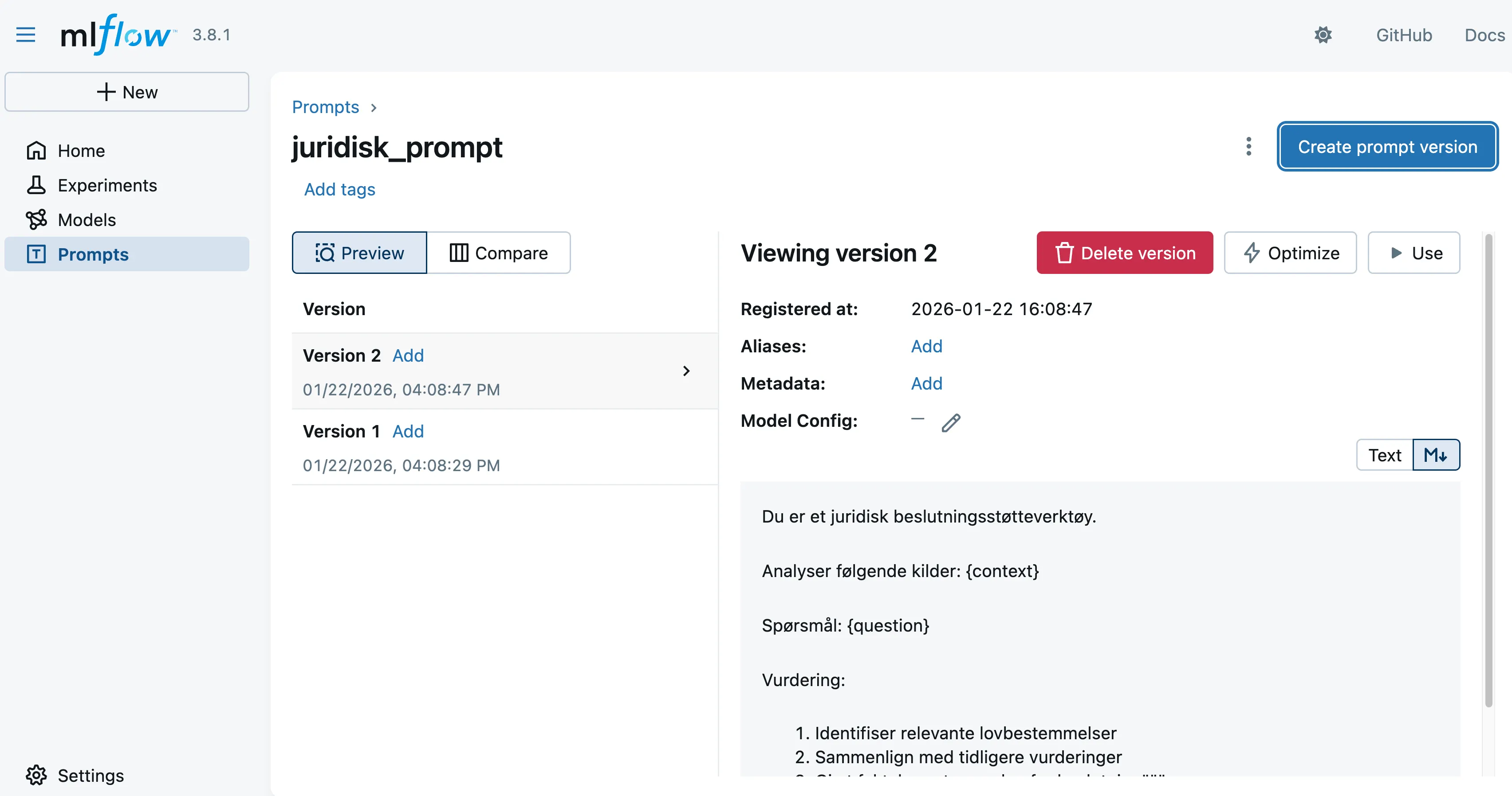 Versjonerte prompts i MLflow GUI