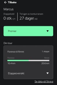 Skjermbilde av sykkelkonkurranse. Viser at jeg har syklet halvparten av første etappe.