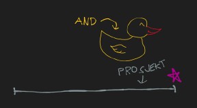 En håndtegning der det står “AND” med pil til en badeand, og “PROSJEKT” med pil til en tidslinje.