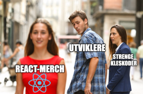 Meme i «Distracted Boyfriend»-formatet: En utvikler ser interessert på «React-merch» med React-logo, mens «Strenge kleskoder» i dress ser misfornøyd på.