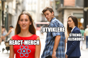 Meme i «Distracted Boyfriend»-formatet: En utvikler ser interessert på «React-merch» med React-logo, mens «Strenge kleskoder» i dress ser misfornøyd på.