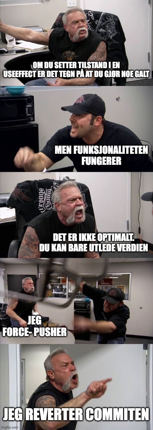 Person1 og person2 diskuterer om useEffect er greit så lenge funksjonaliteten fungerer