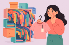 Kvinne som står undrende foran et kaotisk og overfylt klesskap med enda en ny genser i hånd.