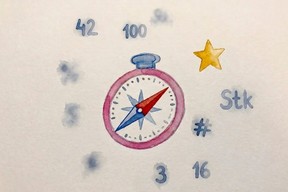 Kompass som peker mot en gul ledestjerne omringet av mange diffuse tall og måleenheter.