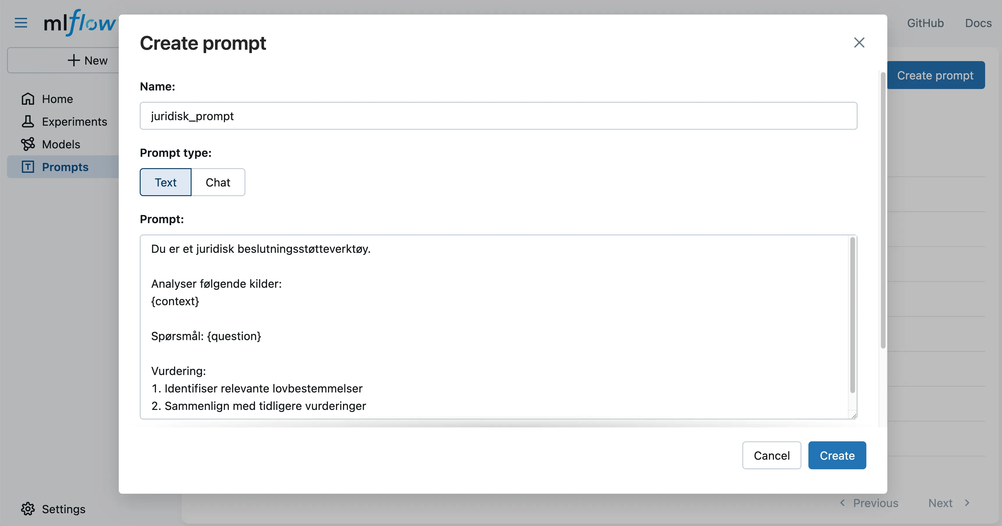 Registrering av prompt i MLflow GUI