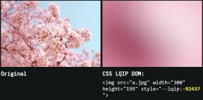 Eksempel som viser hvordan et foto av en kirsebærblomst foran en blå himmel blir til et tåkete rosa og hvitt bilde.