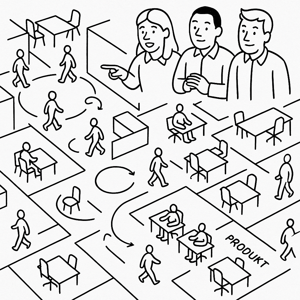 AI-generert illustrasjon av tre mennesker som står og ser på et kontorlandskap der arbeidere beveger seg rundt. 