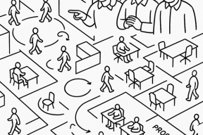 AI-generert illustrasjon av tre mennesker som står og ser på et kontorlandskap der arbeidere beveger seg rundt.