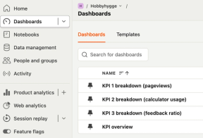 Skjermbilde av menyen med dashboards i PostHog. Ett dashboard per KPI pluss et oversiktsdashboard