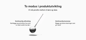 Produktutvikling har to modus som vi må pendle mellom. Kontinuerlig utforsking: Kartlegge og prioritere hva som er mest verdt å ta tak i. Kontinuerlig leveranse: Bygge og levere løsninger som gir verdi.