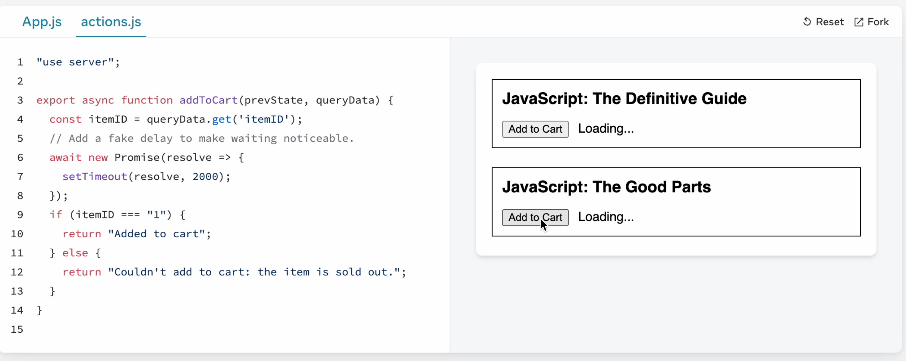 Skjermdump av en nettside med to produkter. Begge produktene har en "Add to cart"-knapp og begge produktene har ved siden av knappene en "Loading..."-tekst.