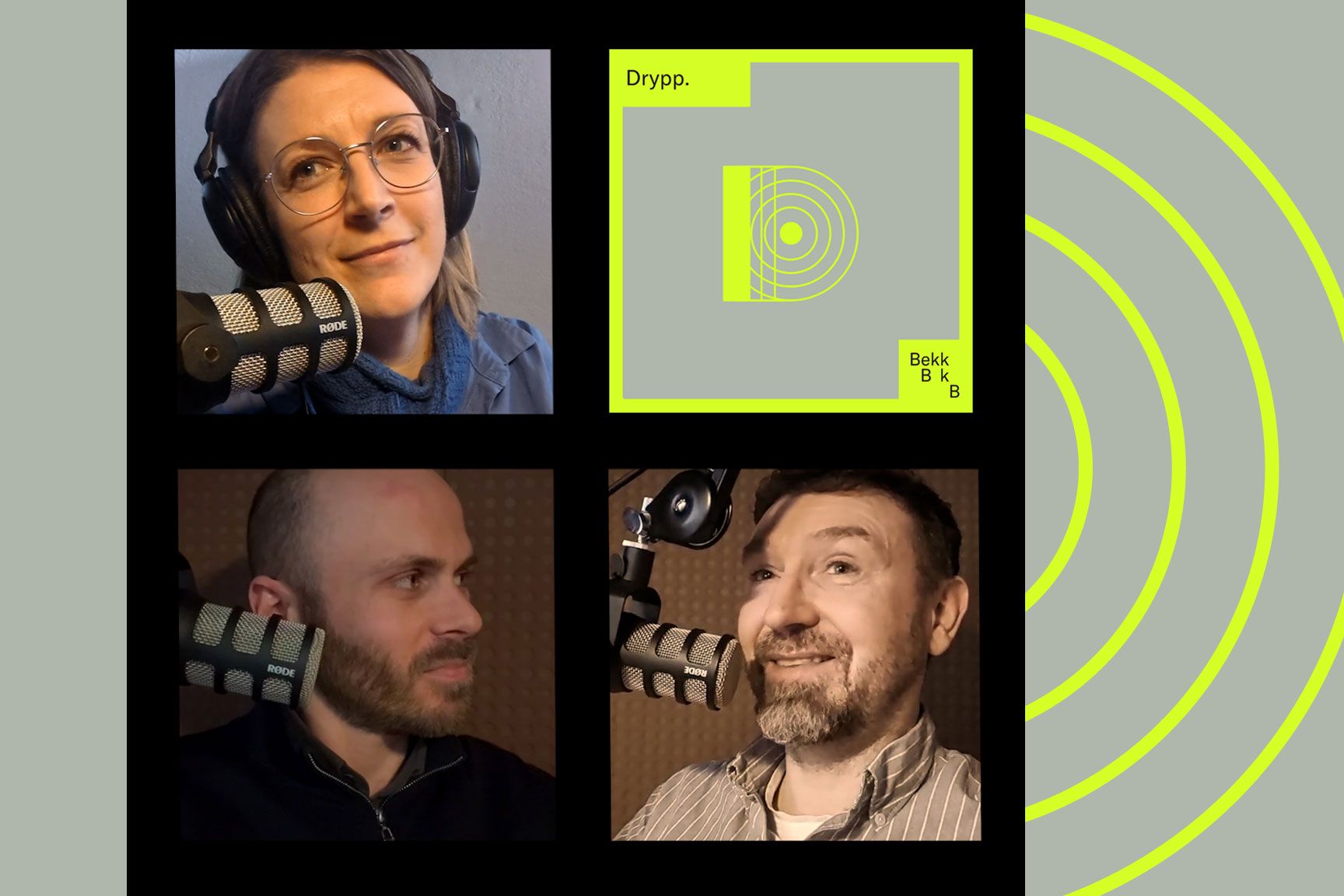 Bilde av Kari Westby Romøren, Tobias Pettrém og Jens Andreas Huseby i podkaststudio. 