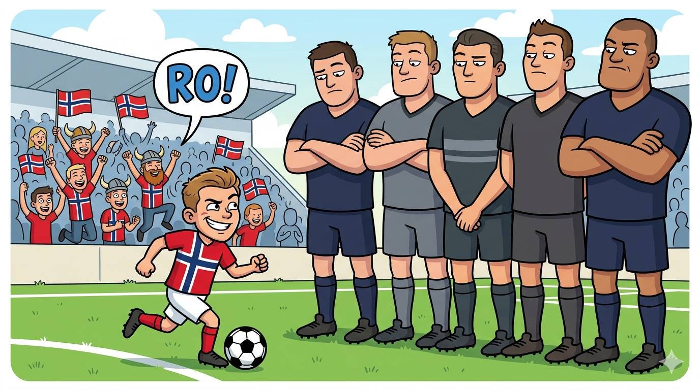 Tegning av norsk, liten fotballspiller foran en mur av større, utenlandske spillere. 