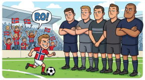 Tegning av liten norsk fotballspiller som utfordrer større, utenlandske spillere.