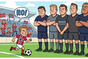 Tegning av norsk, liten fotballspiller foran en mur av større, utenlandske spillere.