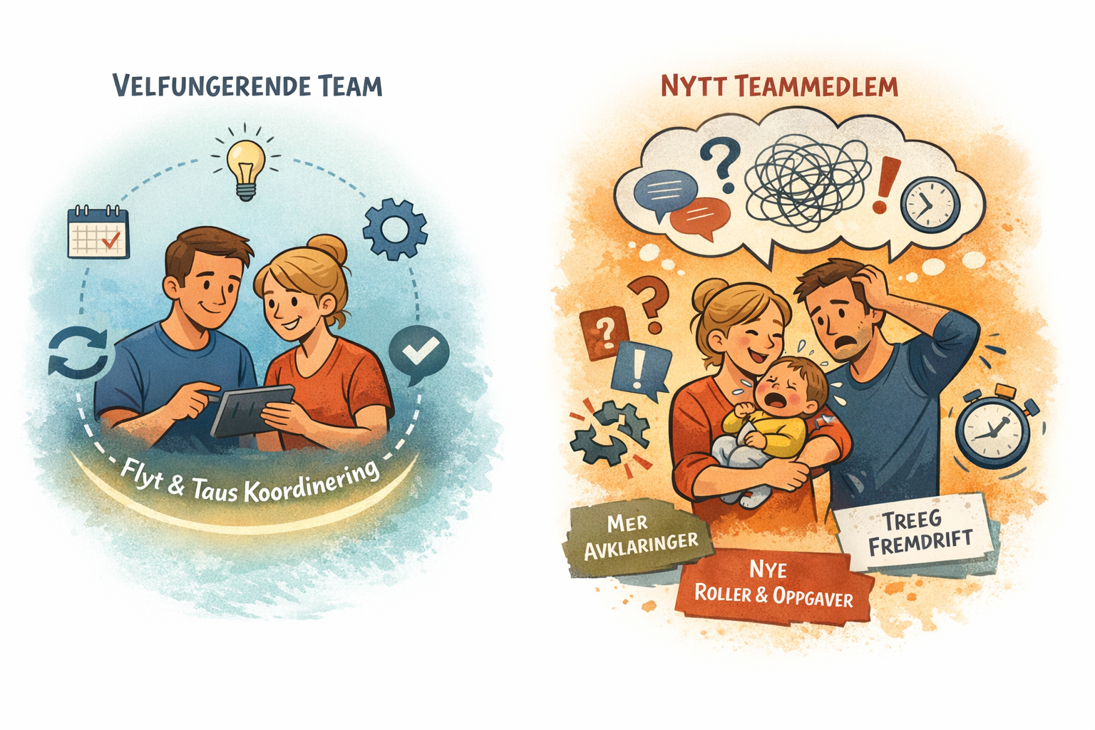 To bilder. Til venstre: et par i flyt som er et velfungerende team. Til høyre: et par med en baby som er i kaos